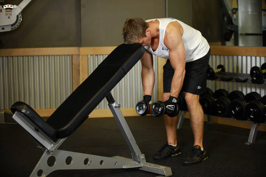 Bent Over Dumbbell Rear Delt Raise With Head On Bench demonstration